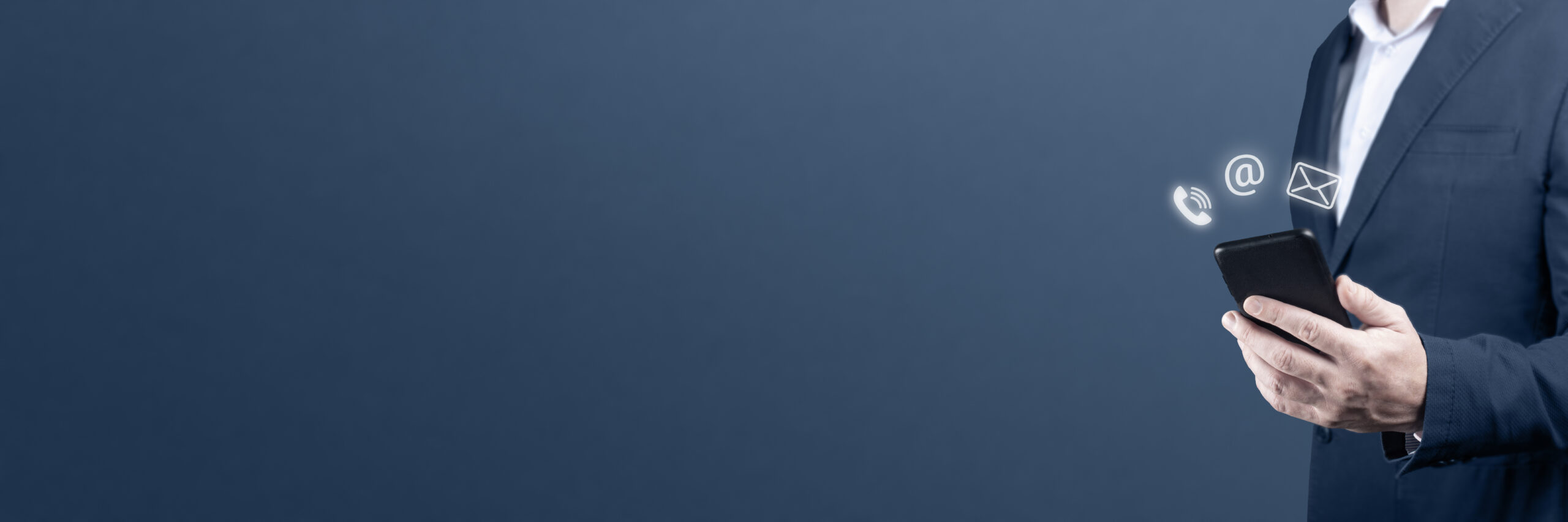 man holding smartphone and some icons are levitating like futuristic style